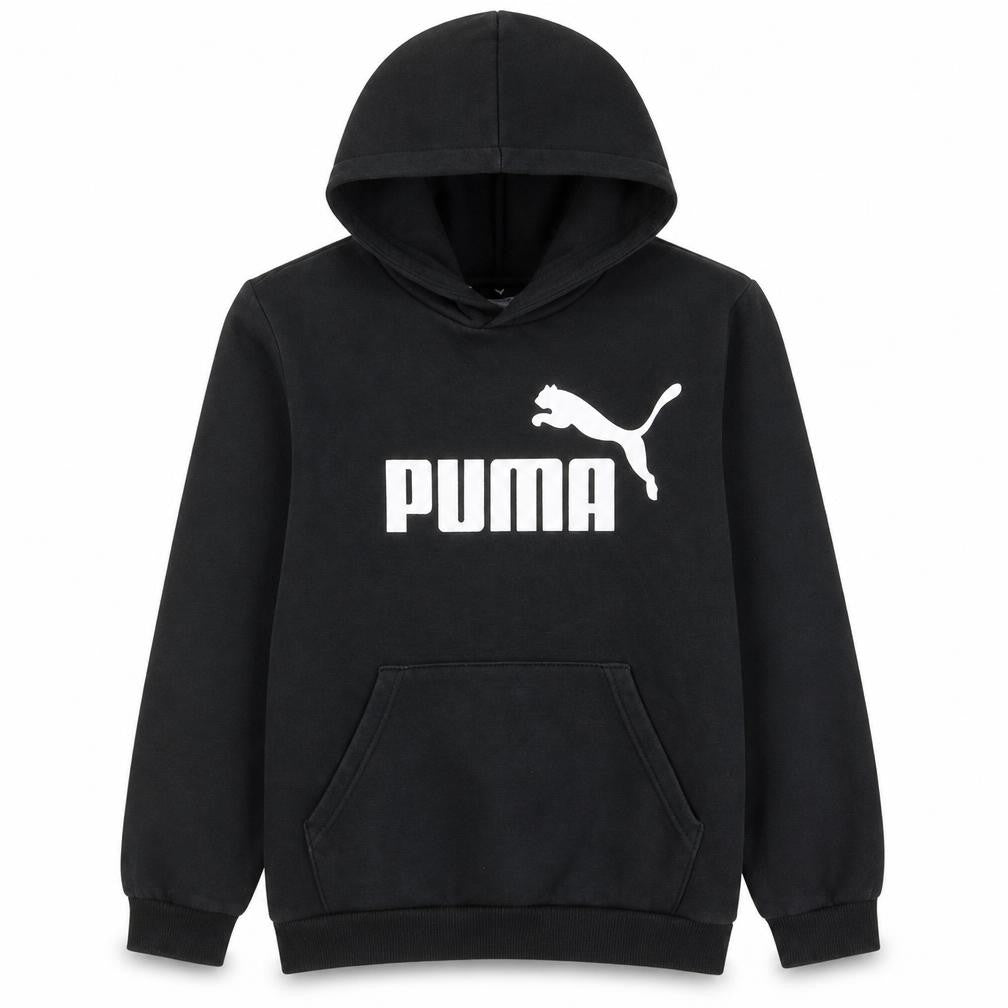 Front view of Puma boys’ black pullover hoodie 13-14 years regular fit logo fleece
