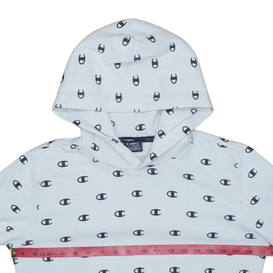 Champion Women’s Light Blue XS Pullover Hoodie All Over Logo Print