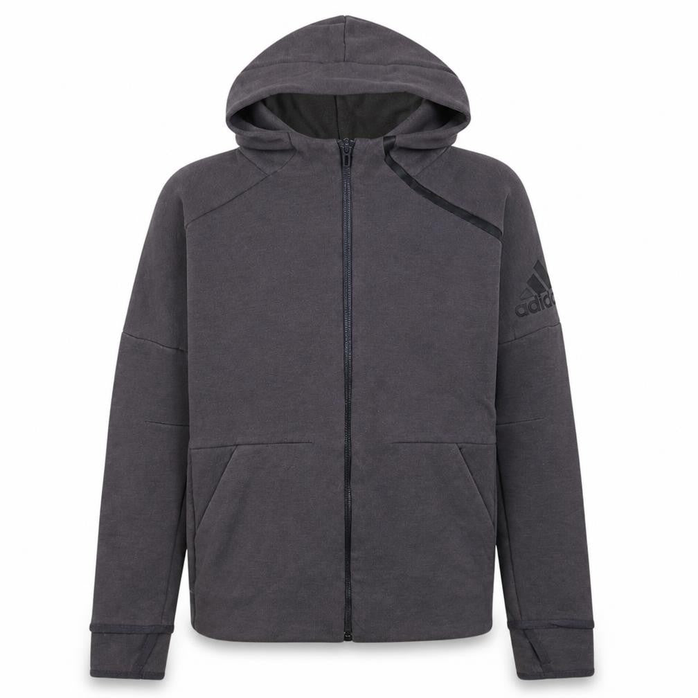 Front view of Adidas boys’ grey full zip hoodie 11-12 years regular fit hooded sweatshirt