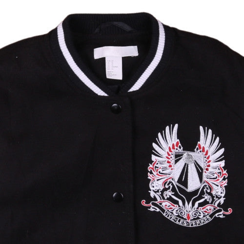 H&M Womens Black Varsity Jacket Size 14 Embroidered Crest Casual