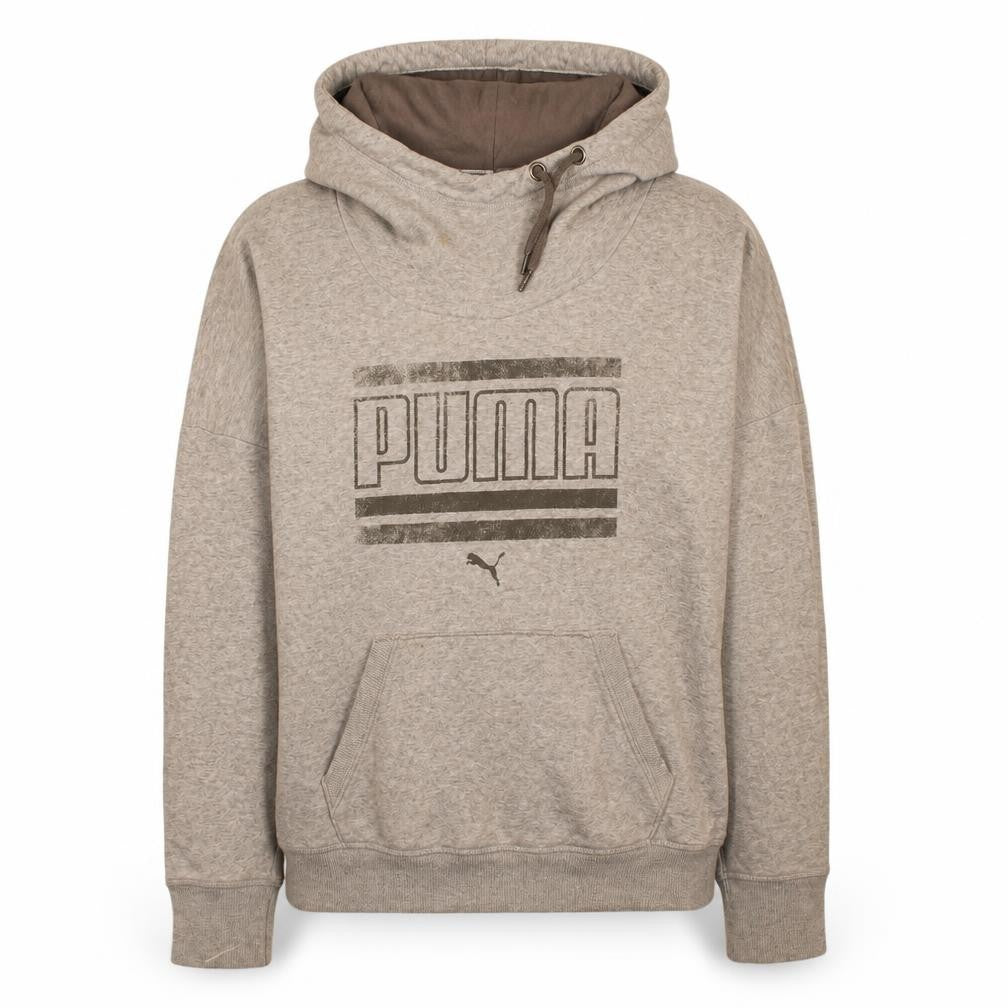 Front view of Puma Men's Grey Pullover Hoodie, size M, Logo Fleece Sweatshirt