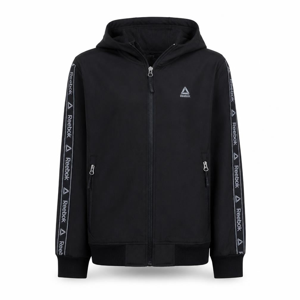 Front view of Reebok boys’ black full zip hoodie 14-16 years sports logo hooded top