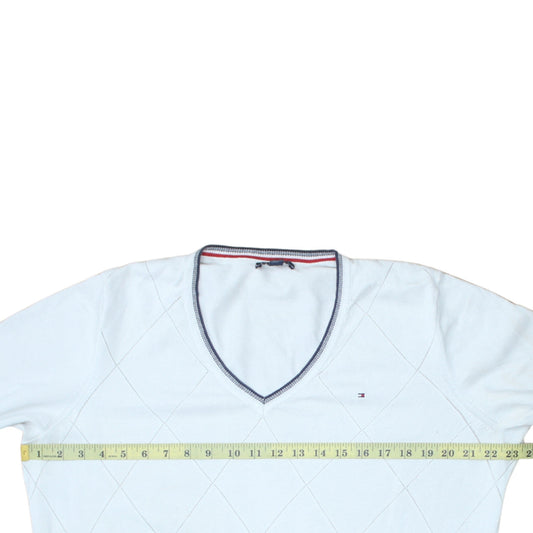 Tommy Hilfiger Men’s White V-Neck Argyle Cotton Jumper L