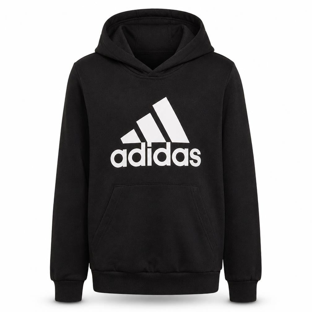 Front view of Adidas boys’ black pullover hoodie 13-14 years classic logo cotton blend