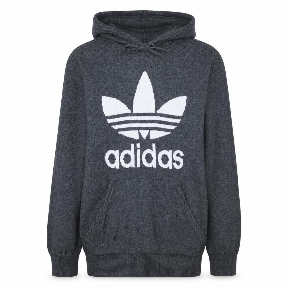 Front view of Adidas women’s grey hooded jumper, size L