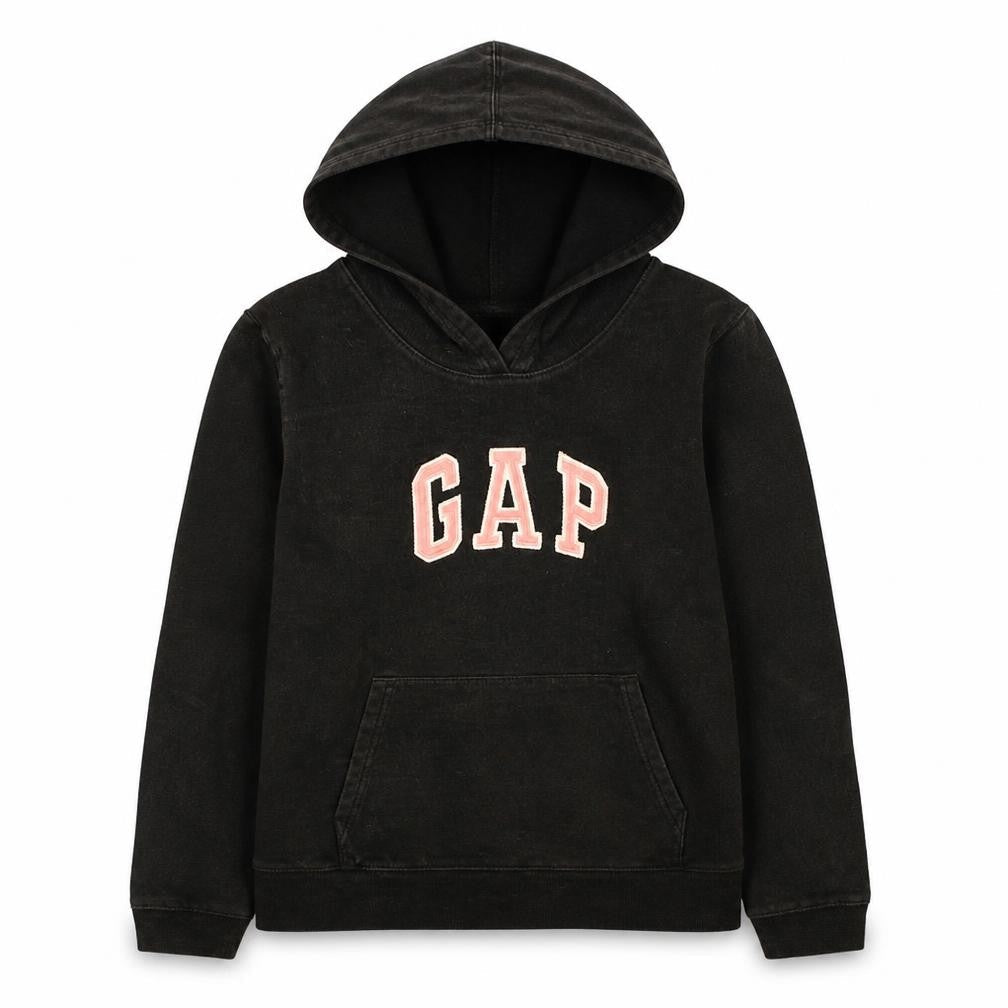 Front view of Gap girls’ black pullover hoodie large stretch cotton logo sweatshirt