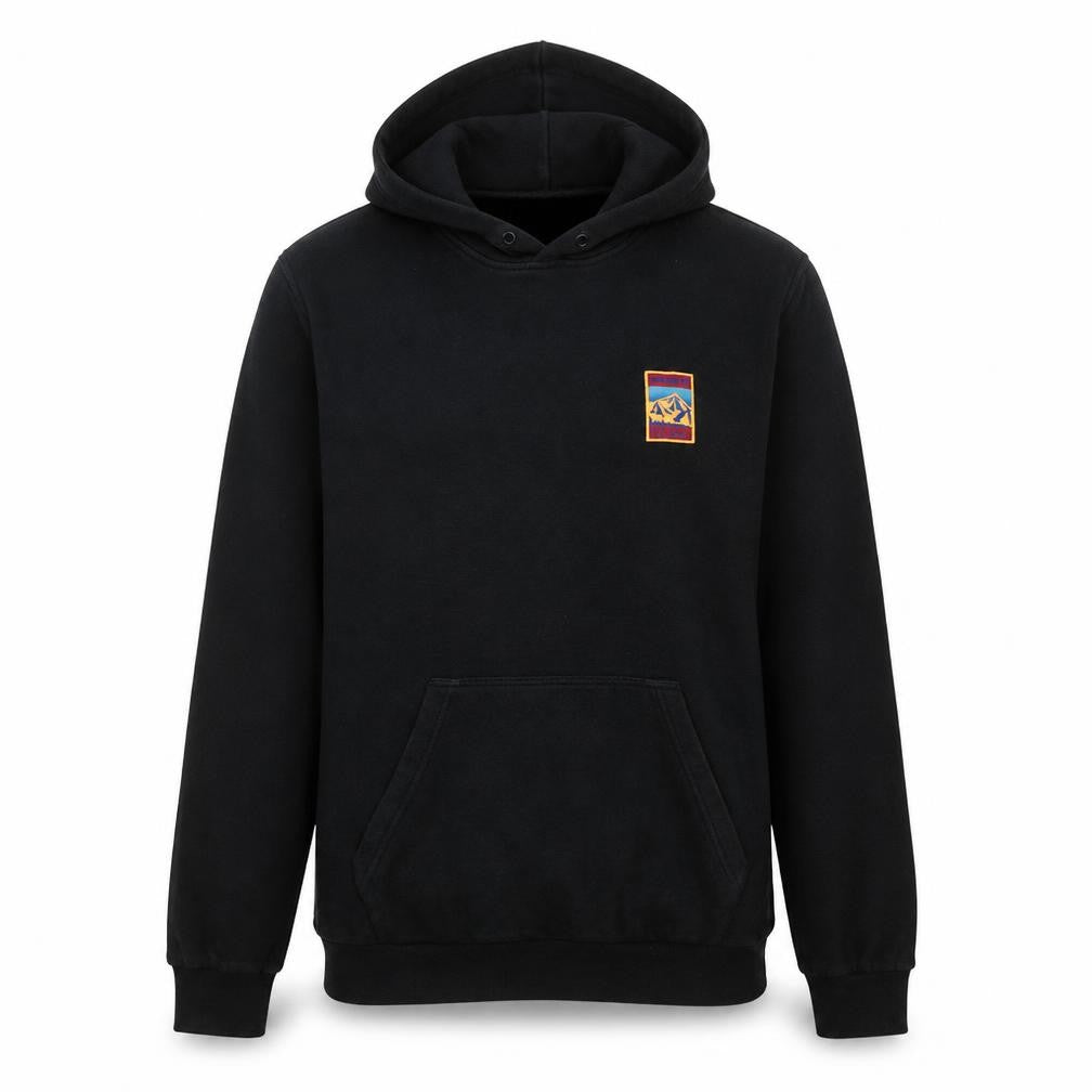 Front view of Adidas men’s black pullover hoodie medium logo fleece sweatshirt