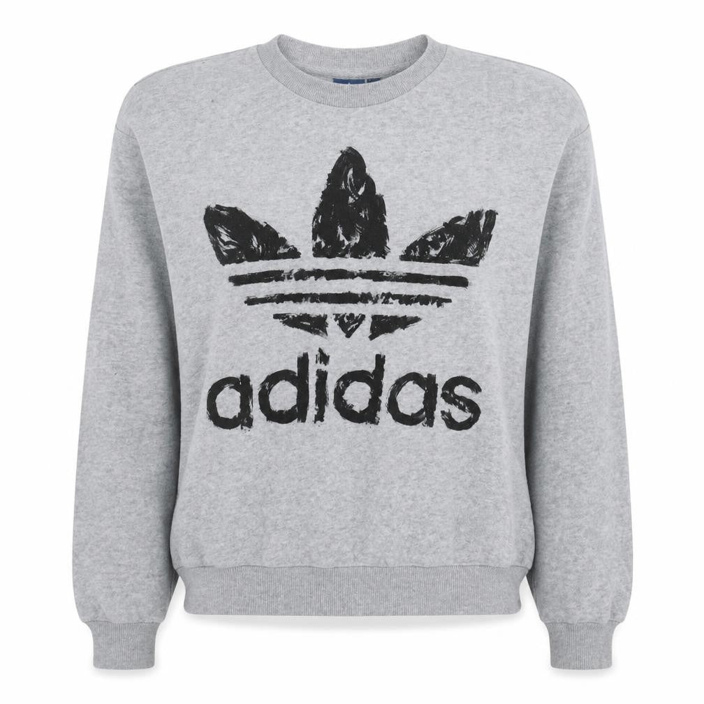Front view of Adidas women’s grey logo crew neck pullover sweatshirt, size UK 8
