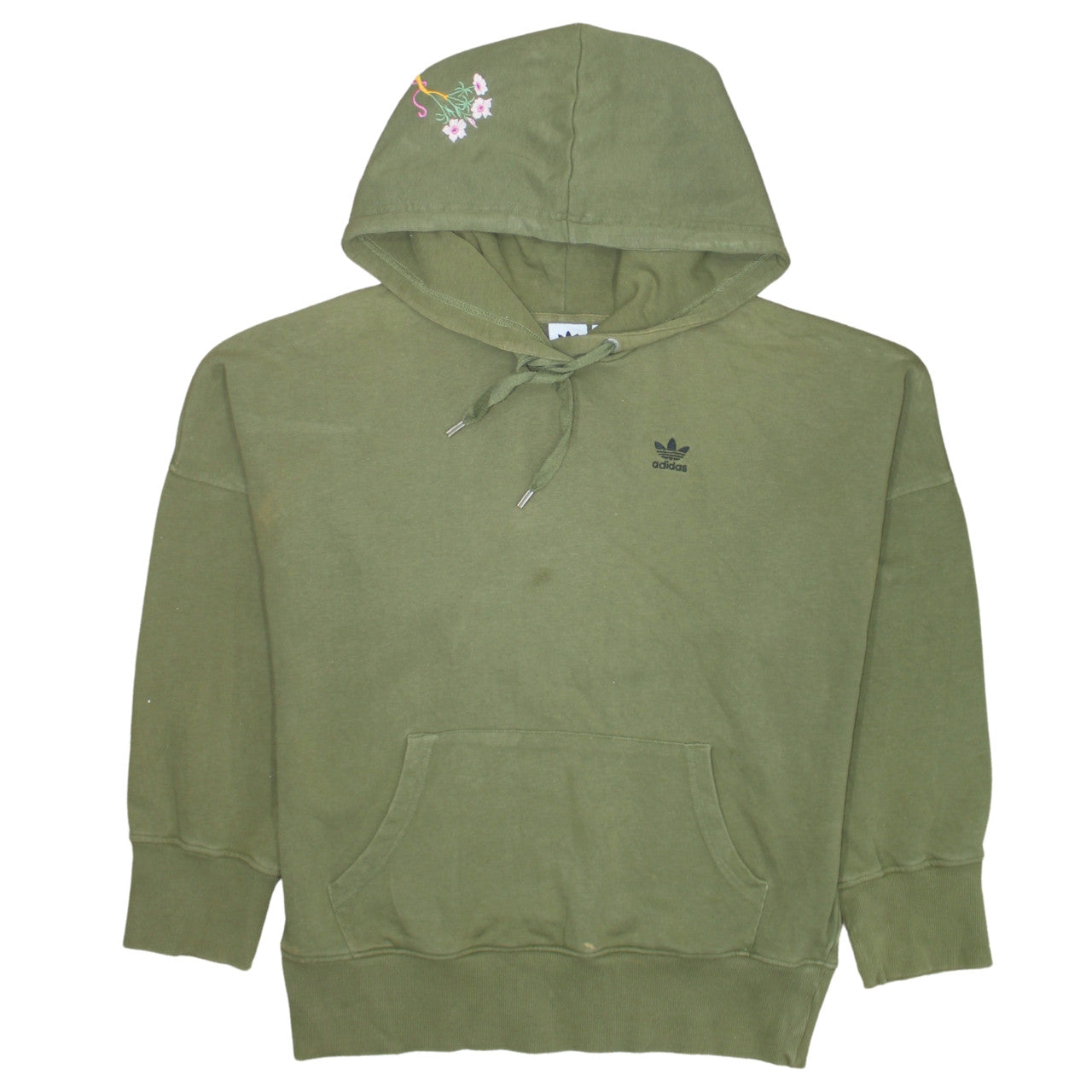 Adidas Womens Green Embroidered Pullover Hoodie Size 10 Relaxed Fit