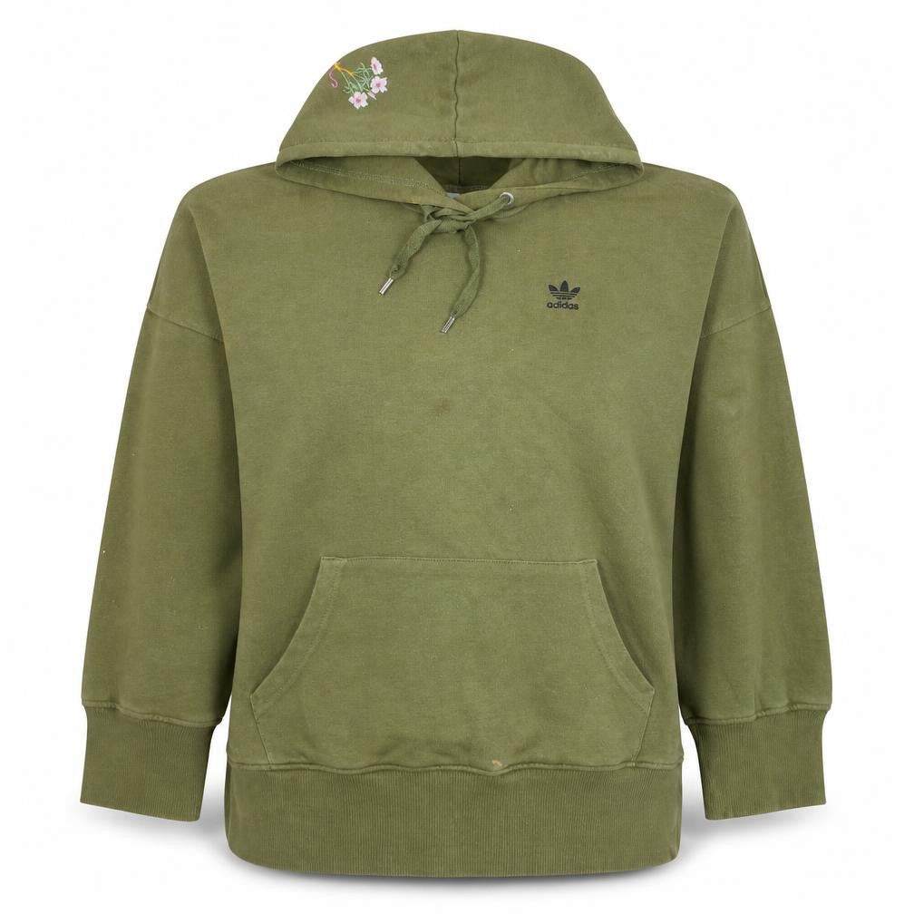 Front view of Adidas women’s green embroidered pullover hoodie, size UK 10, relaxed fit
