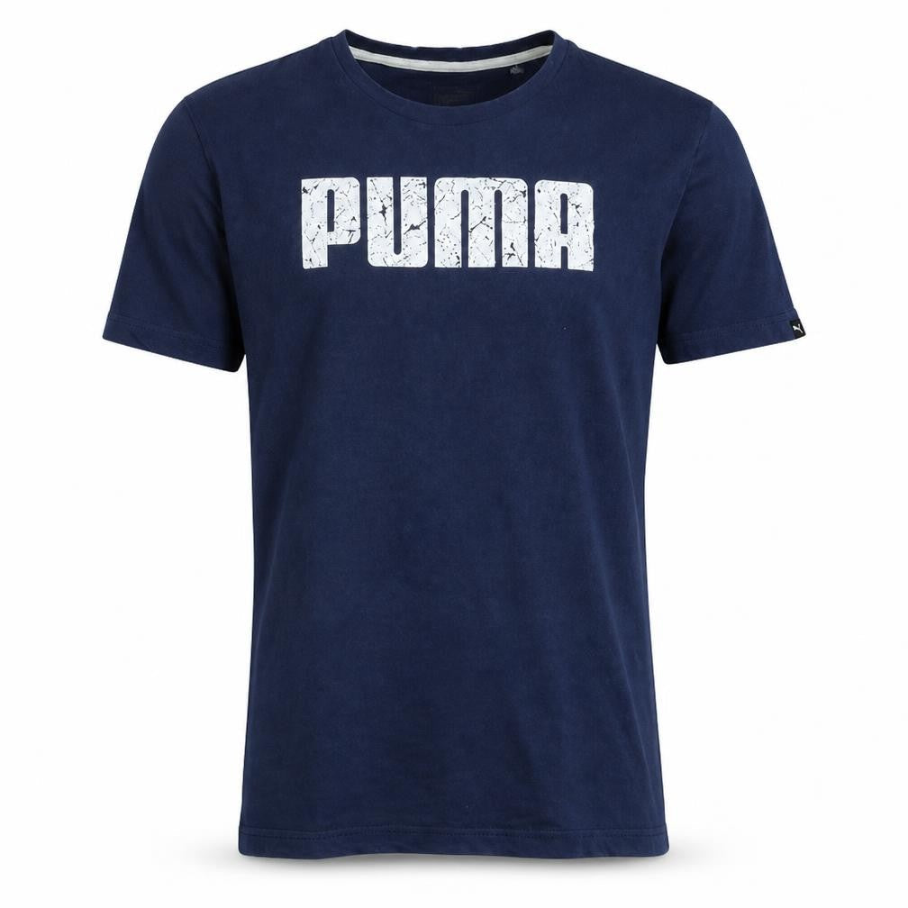 Front view of Puma Men's Blue Graphic Logo Short Sleeve Cotton T-Shirt, size S