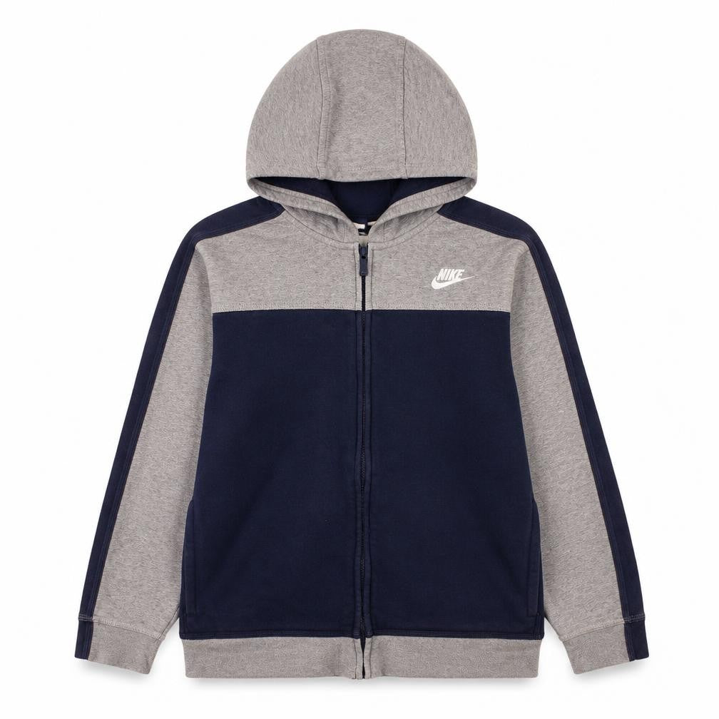 Front view of Nike boys’ grey & navy full zip hoodie 13-15 years fleece sportswear