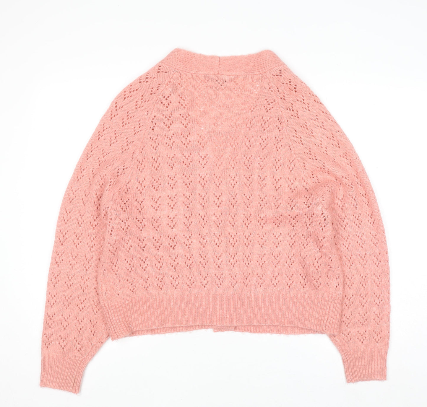 Next Womens Pink Open-Knit Button Cardigan M V-Neck Long Sleeve