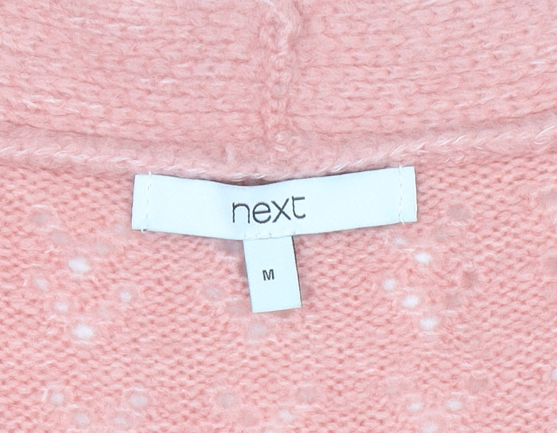 Next Womens Pink Open-Knit Button Cardigan M V-Neck Long Sleeve