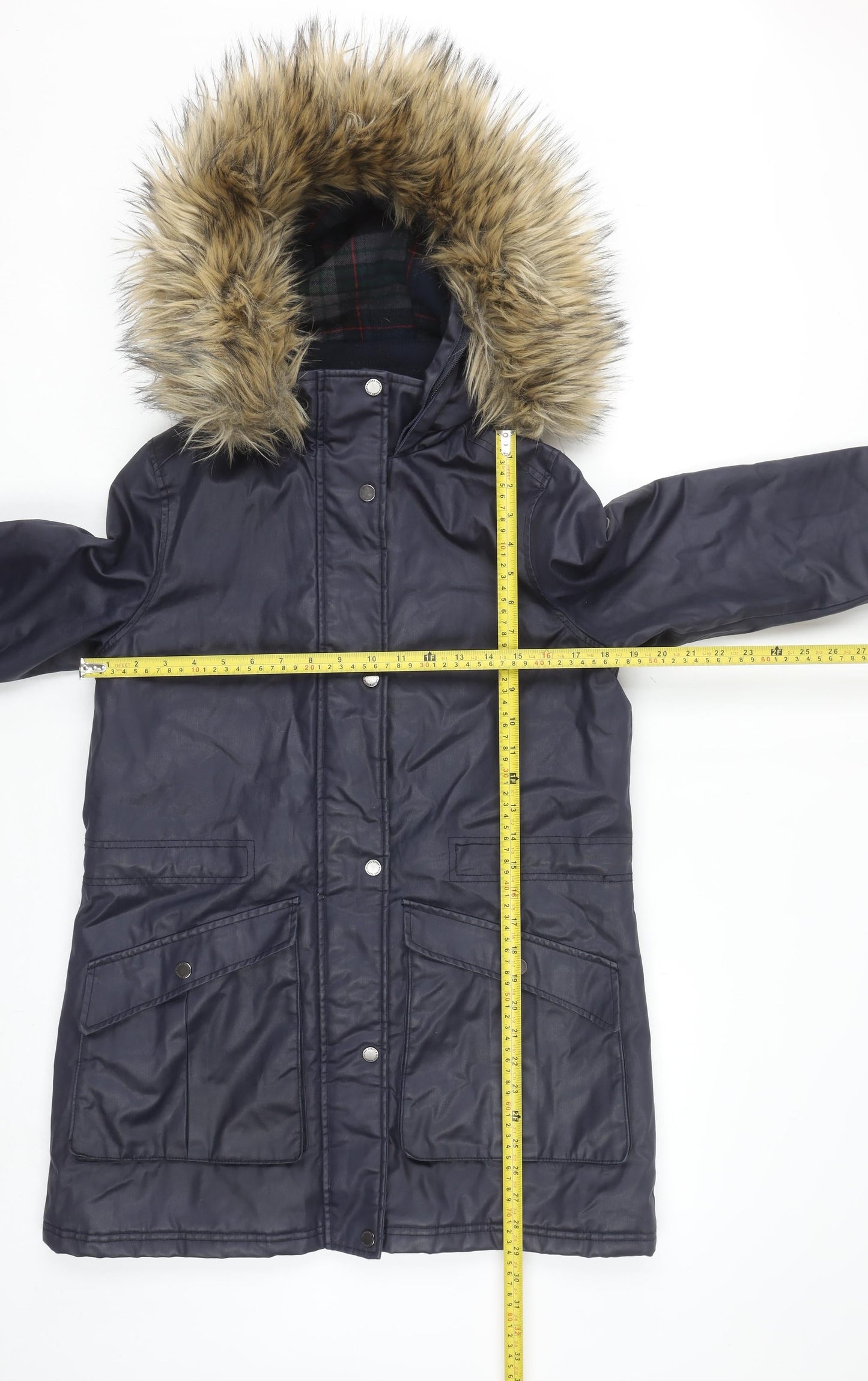 Harvey & Jones Womens Blue Parka Coat 8 Faux Fur Hood Lined Winter Jacket