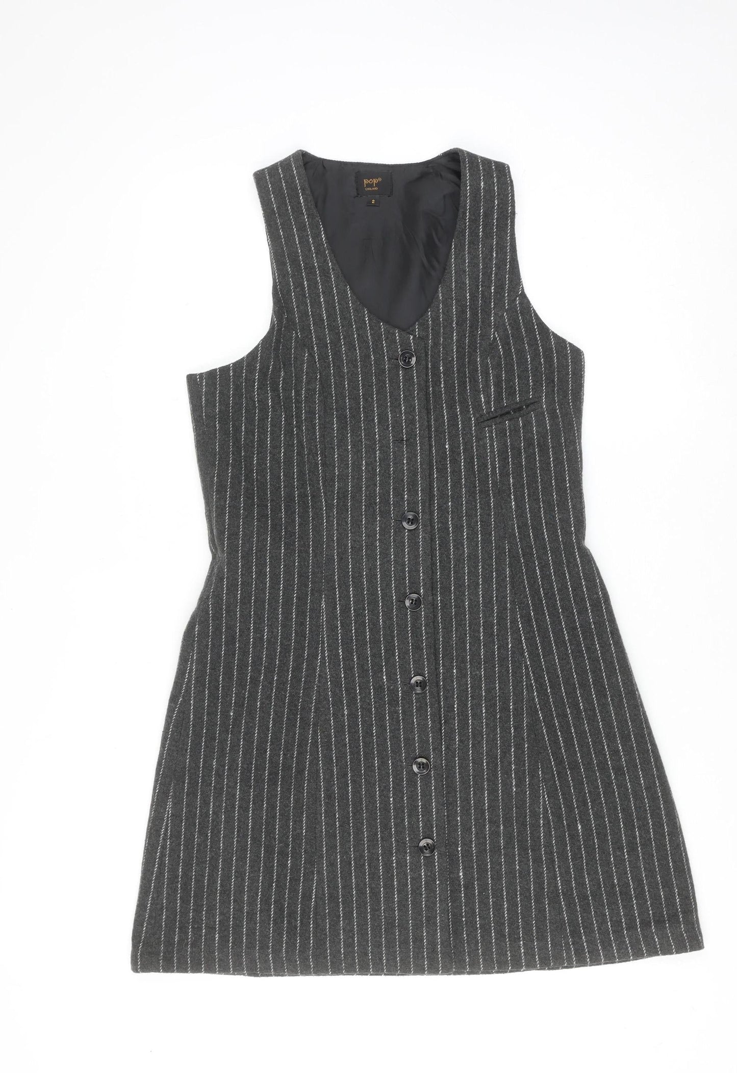 Pop England Women Grey Pinstripe Button Pinafore Dress Size 2