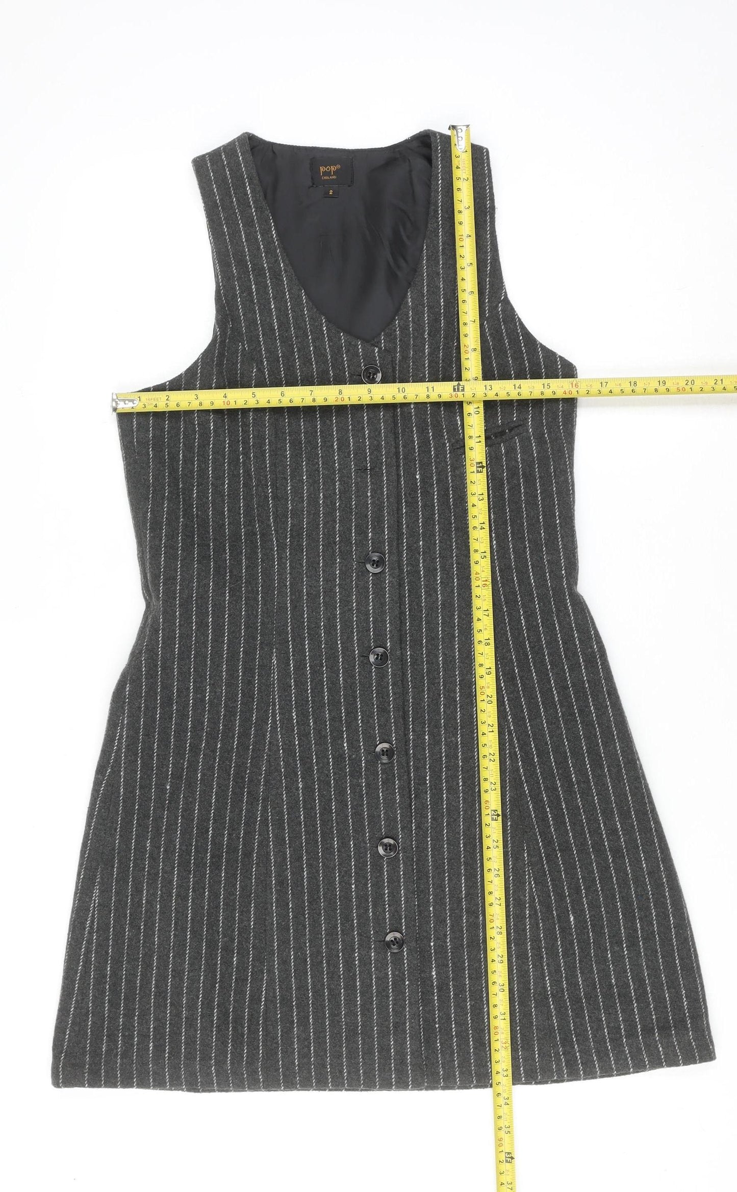 Pop England Women Grey Pinstripe Button Pinafore Dress Size 2
