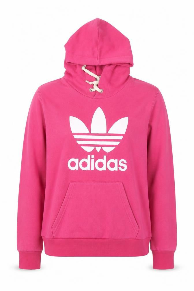 Front view of Adidas women’s pink hooded pullover hoodie medium logo graphic