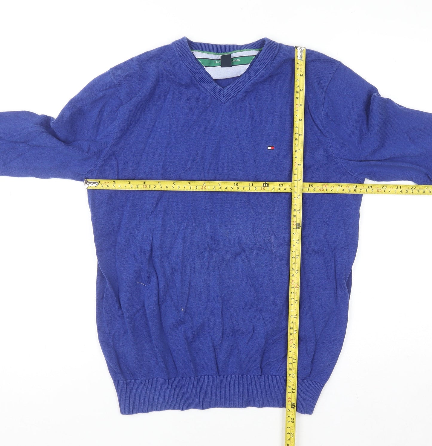 Tommy Hilfiger Men's Blue Cotton V-Neck Golf Jumper M