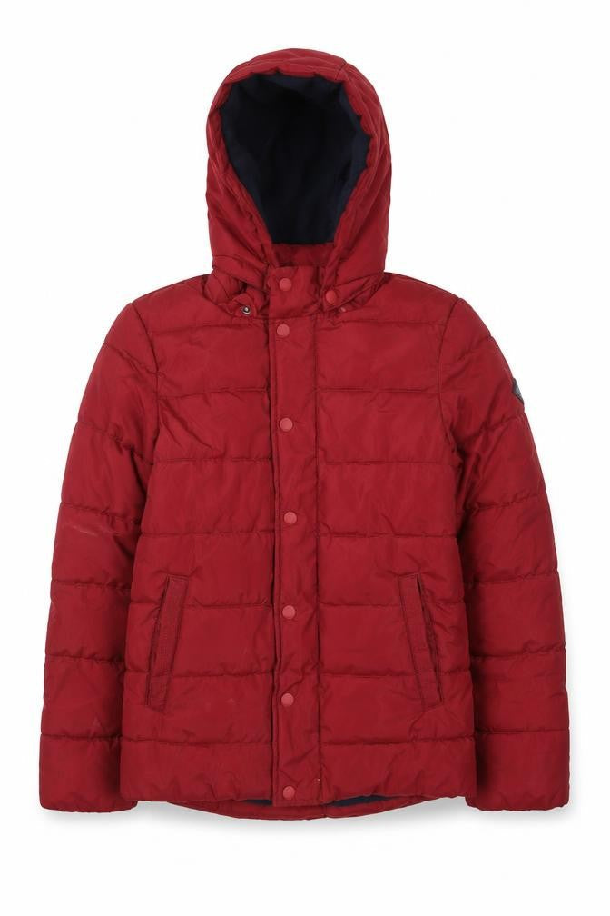 Front view of Joules boys’ red hooded puffer jacket 11-12 years polyester winter coat
