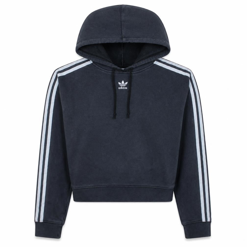 Front view of Adidas Women Black Hooded Pullover Hoodie, size 10, Drawstring 3 Stripe