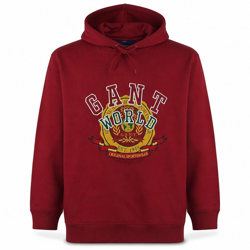 Front view of GANT Men's Red XL Relaxed Fit Pullover Hoodie with Embroidered Logo
