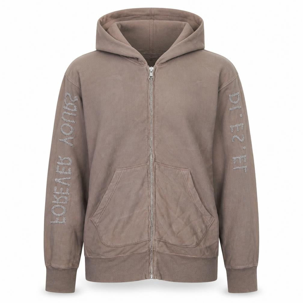 Diesel Men’s Brown Full Zip Hoodie L Logo Sleeve Cotton