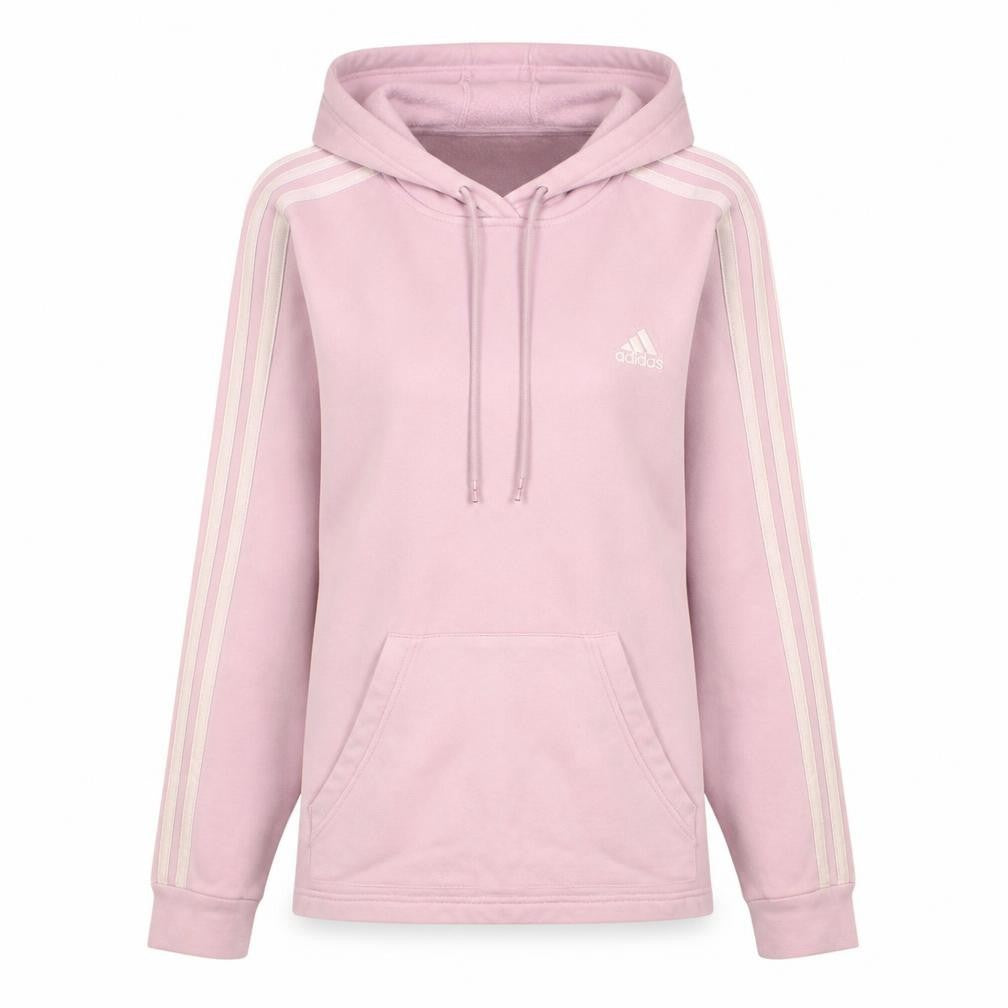 Front view of Adidas women’s pink pullover hoodie, size S, 8-10 hooded sweatshirt