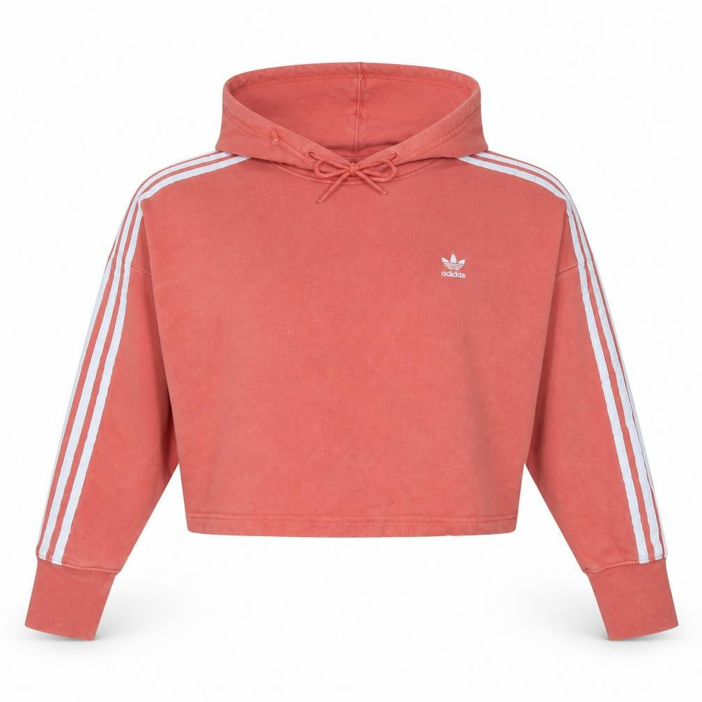 Front view of Adidas Women’s Coral 3-Stripes Crop Hoodie, size UK 8, Cotton Pullover