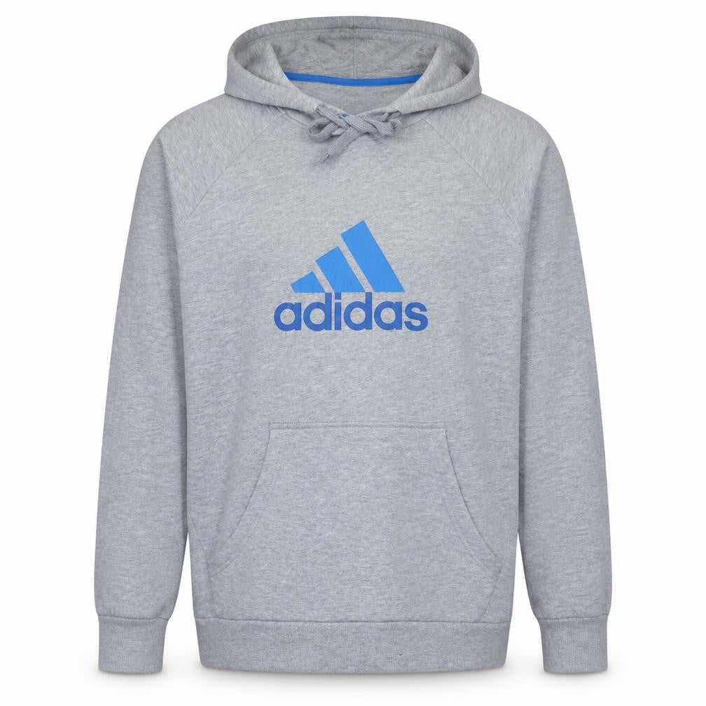 Front view of Adidas Men's Grey XL Pullover Hoodie with Blue Logo
