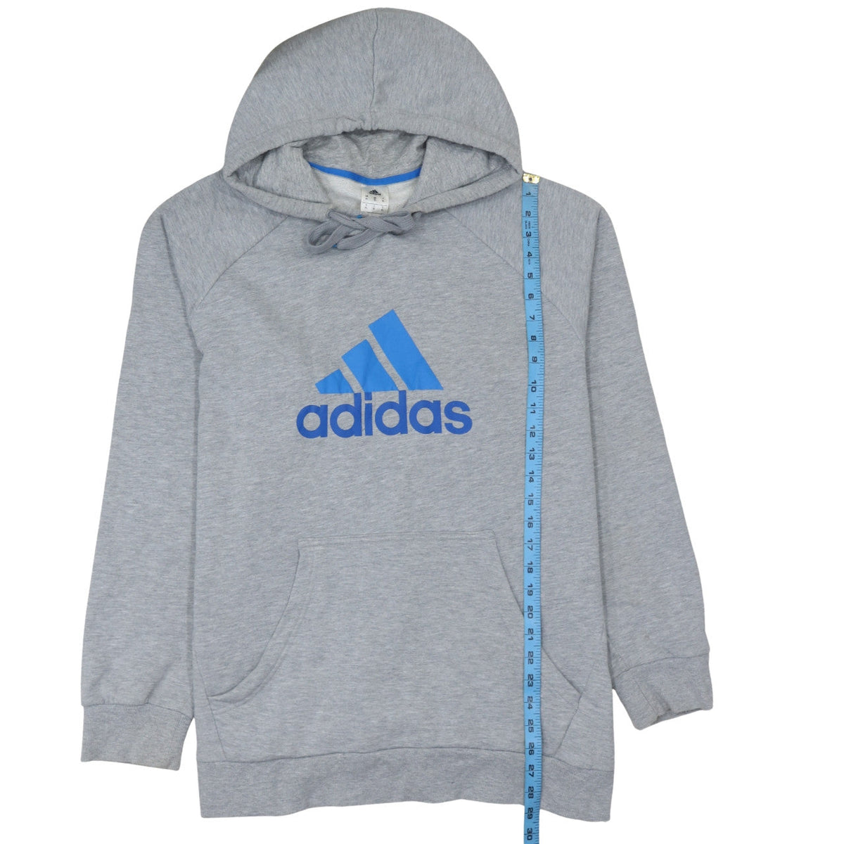Close-up detail of Adidas Men's Grey XL Pullover Hoodie with Blue Logo