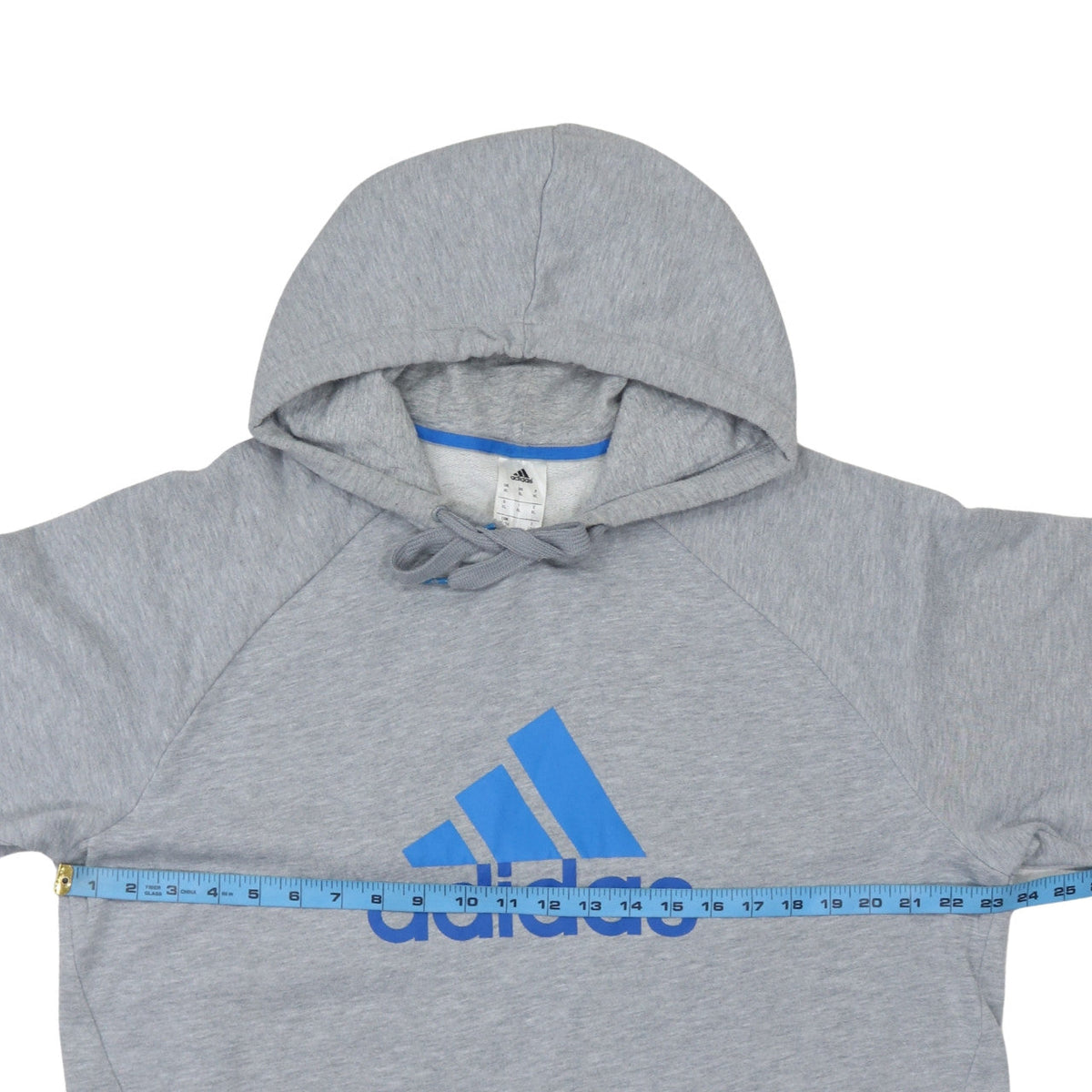 Brand and care label for Adidas Men's Grey XL Pullover Hoodie with Blue Logo