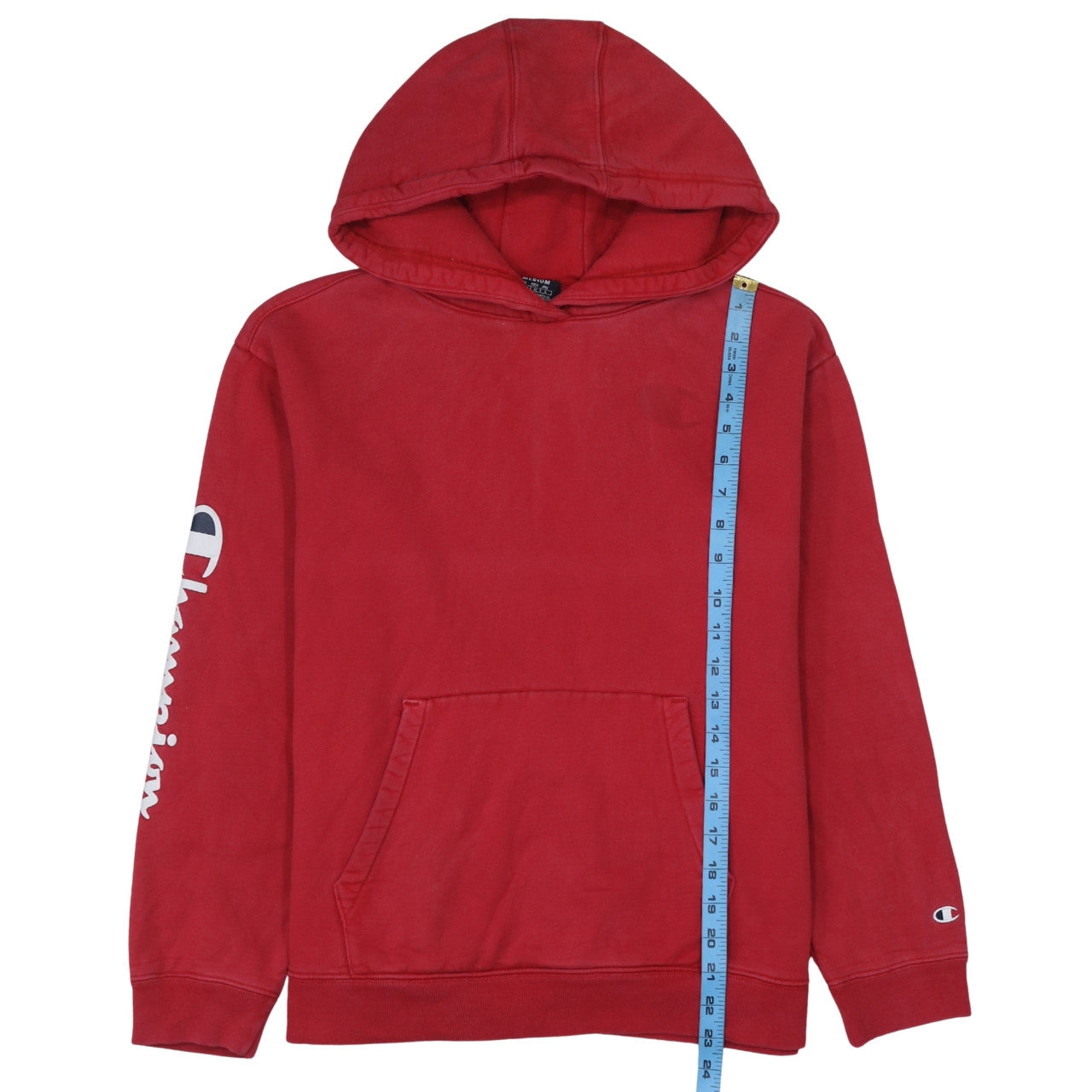 Champion Men's Red Pullover Hoodie Medium Logo Sleeve Fleece