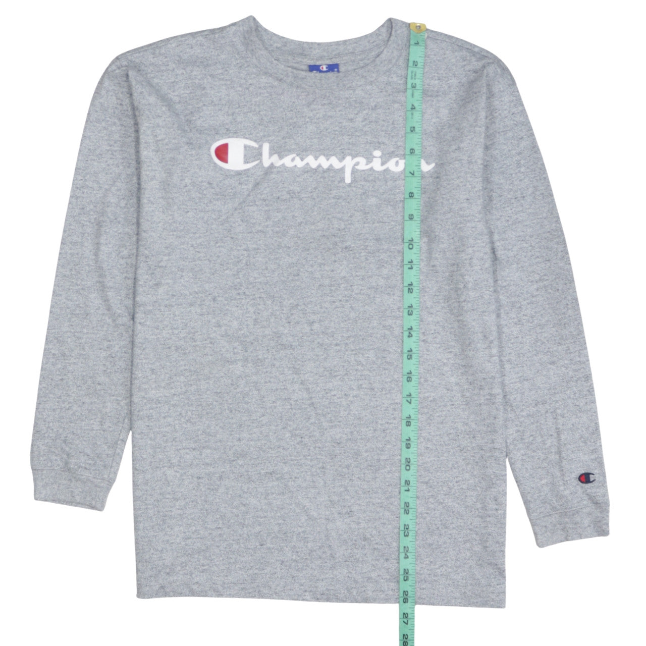 Champion Men's Grey Long Sleeve Crew Neck Logo T-Shirt Size S
