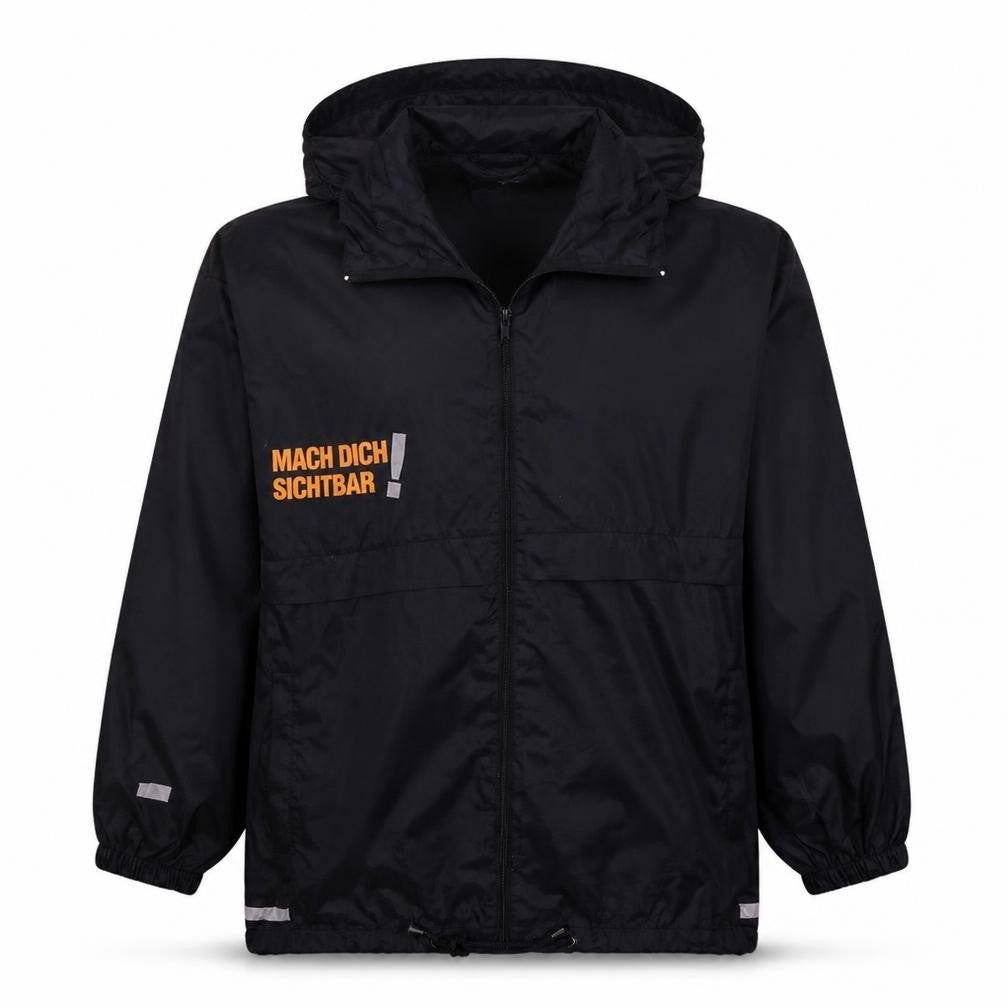 Front view of Sirocco boys’ black hooded windbreaker jacket 15-16 years reflective zip