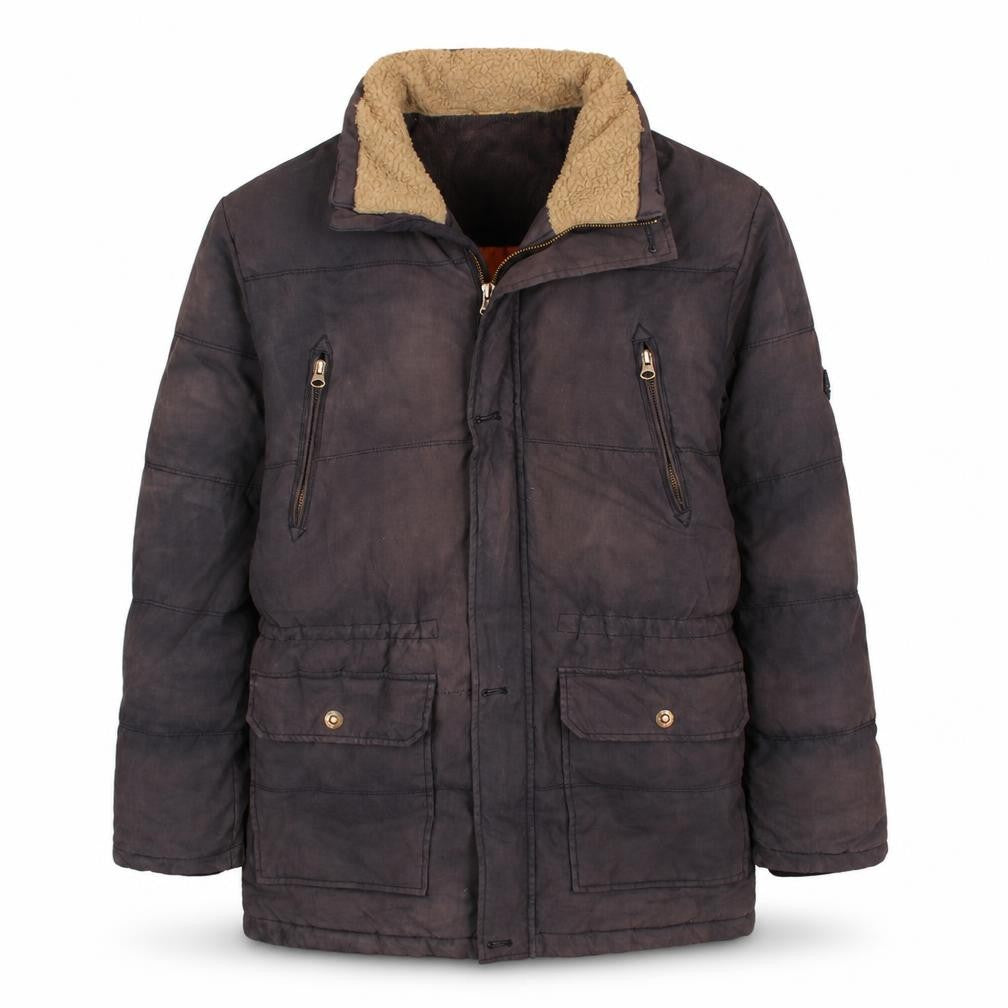 Front view of Timberland boys’ blue 16 years winter puffer jacket with faux fur lining