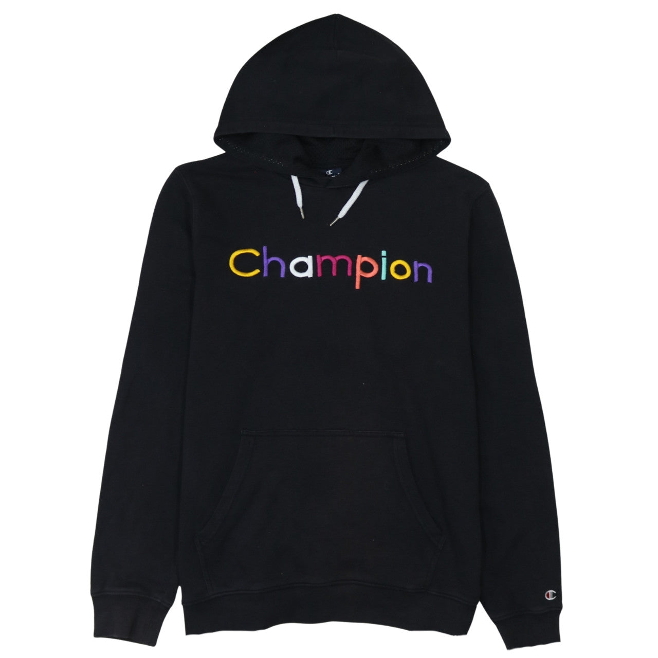 Champion Women Black Hoodie L Pullover Embroidered Logo Cotton Blend