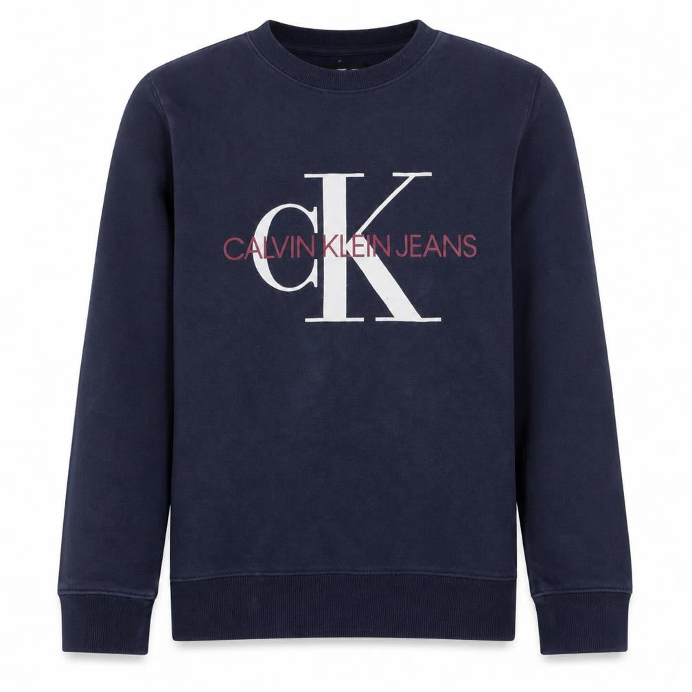 Front view of Calvin Klein Jeans boys’ navy blue logo sweatshirt, size 14, crew neck