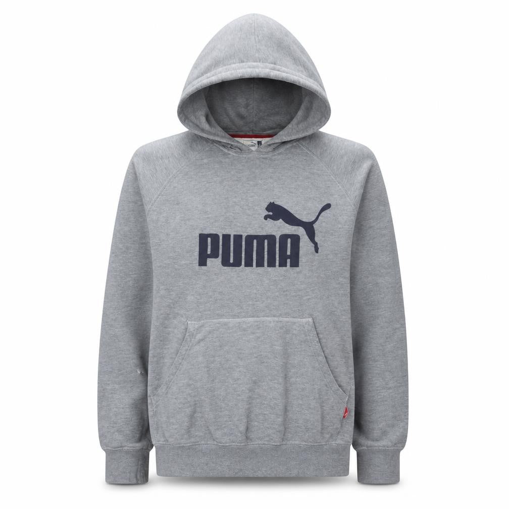Front view of Puma Men's Grey Pullover Hoodie L Sports Fleece Sweatshirt