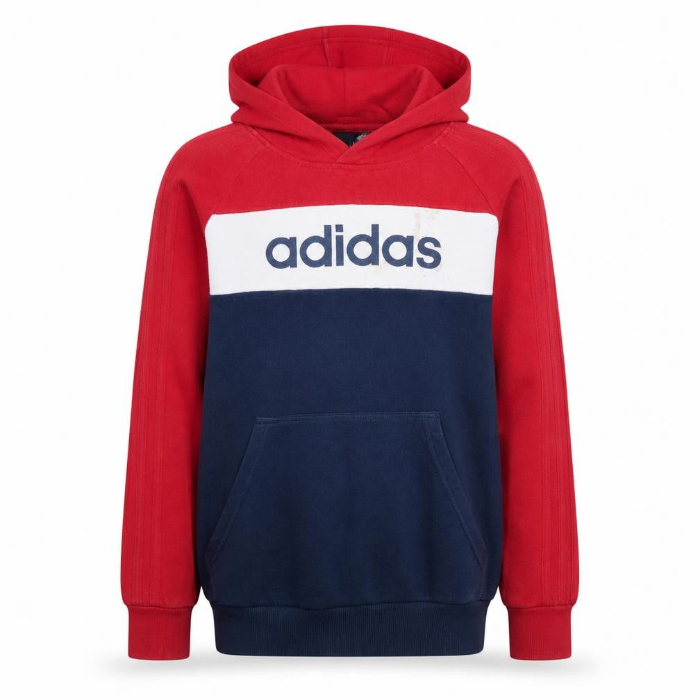 Front view of Adidas boys’ red navy colourblock pullover hoodie, size 14, years