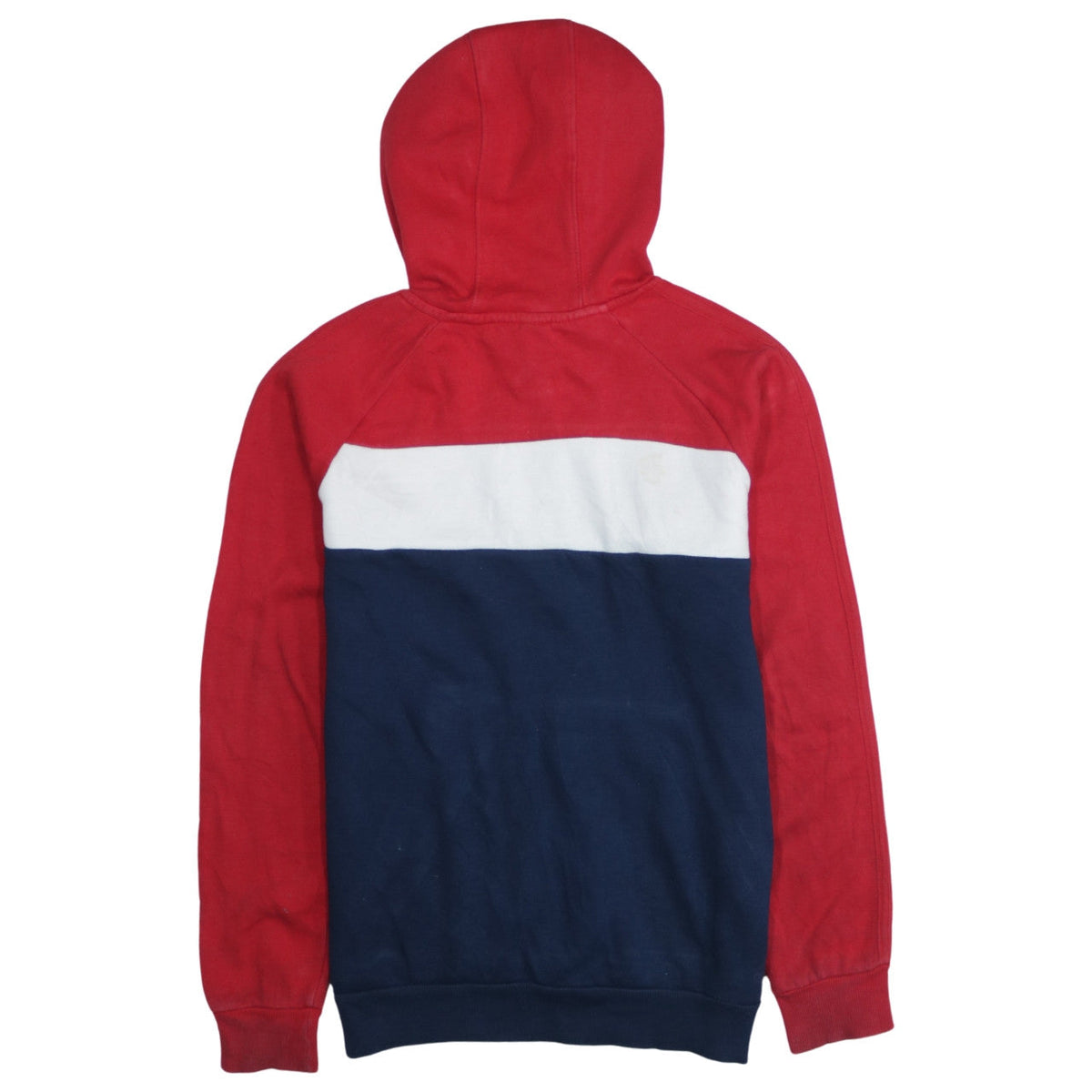 Close-up detail of Adidas boys’ red navy colourblock pullover hoodie, size 14, years