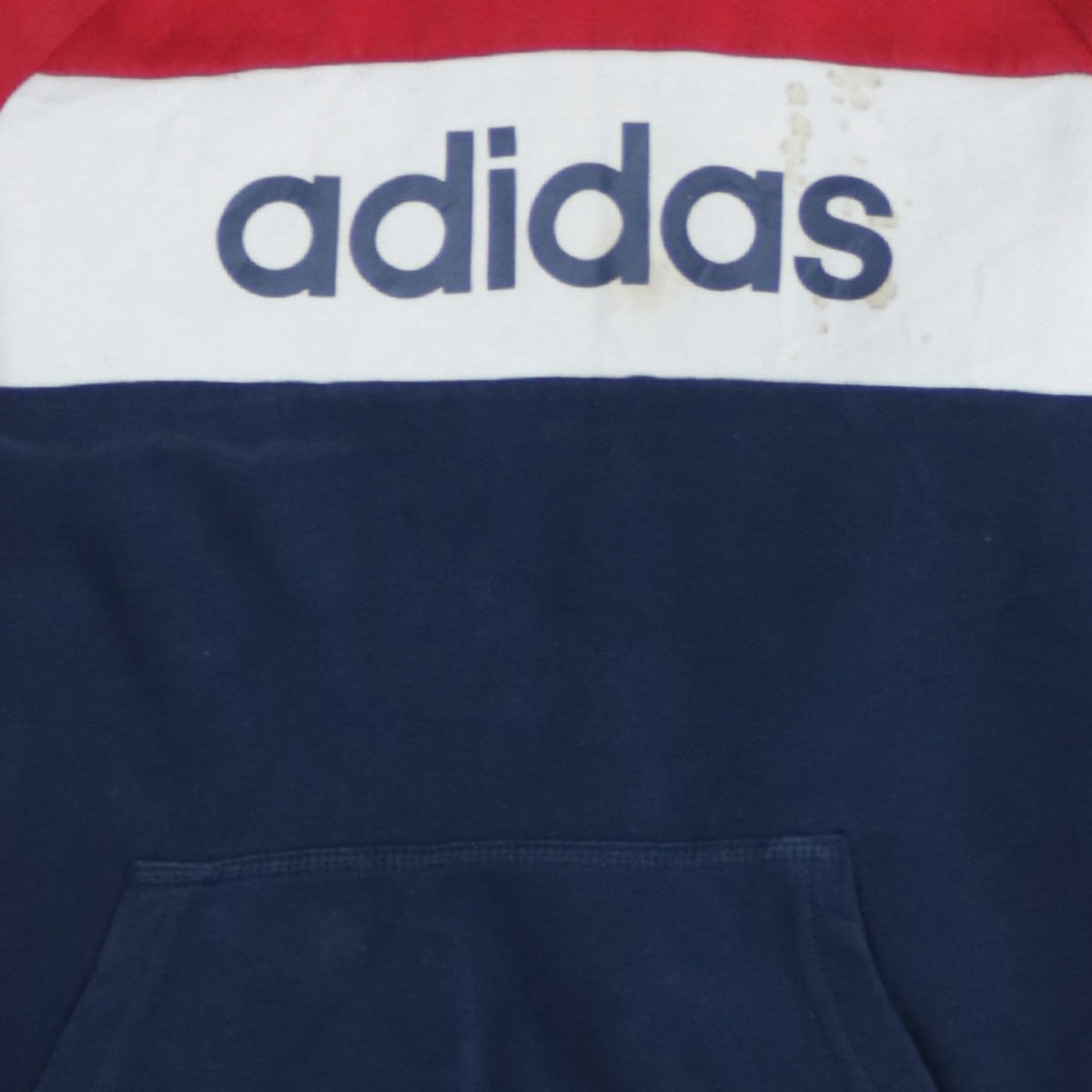 Brand and care label for Adidas boys’ red navy colourblock pullover hoodie, size 14, years