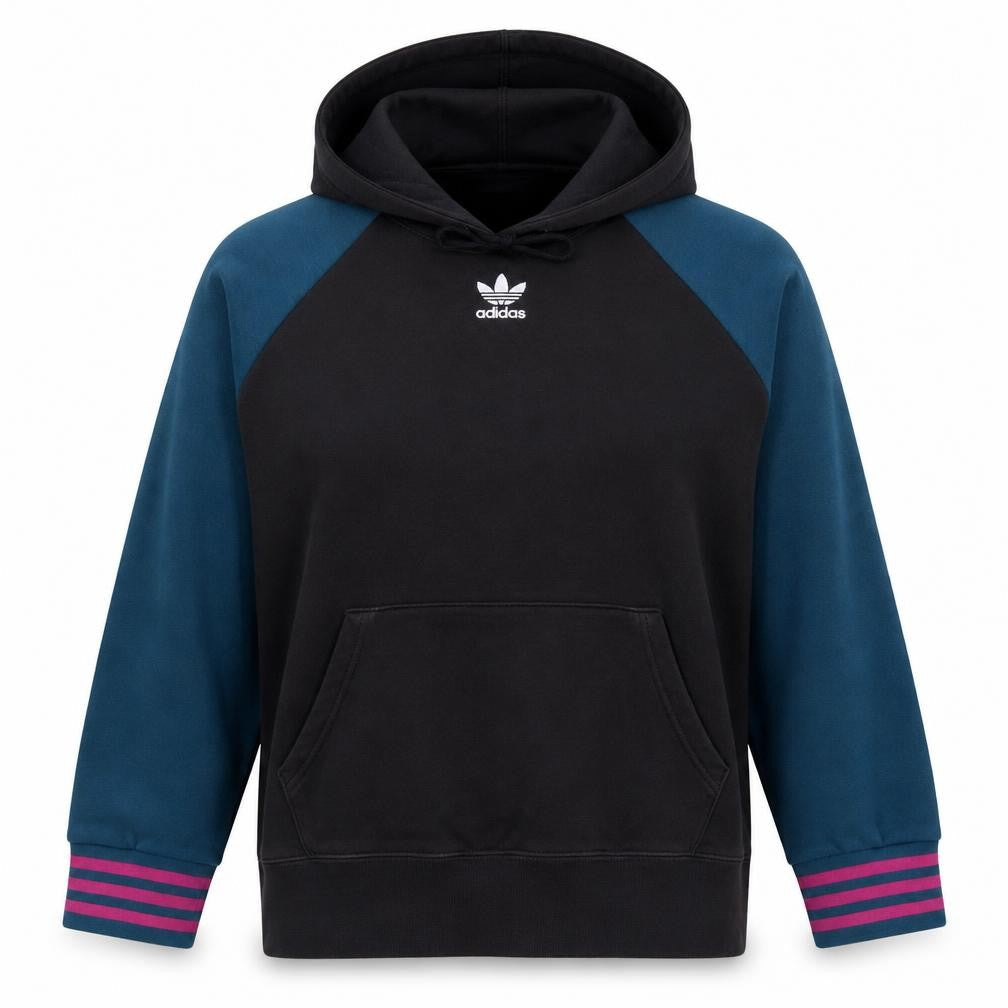 Front view of Adidas women’s black & blue pullover hoodie, size UK 16, cotton blend