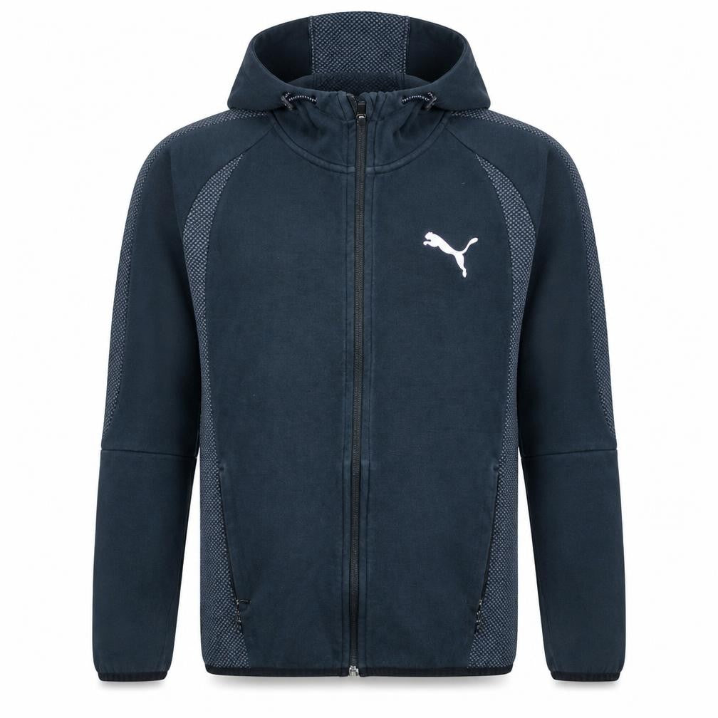 Front view of Puma Men's Blue Full Zip Hoodie, size S, Hooded Sports Sweatshirt