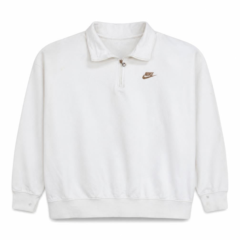 Nike Women White 1/4 Zip Oversized Sweatshirt L Logo Cotton Blend