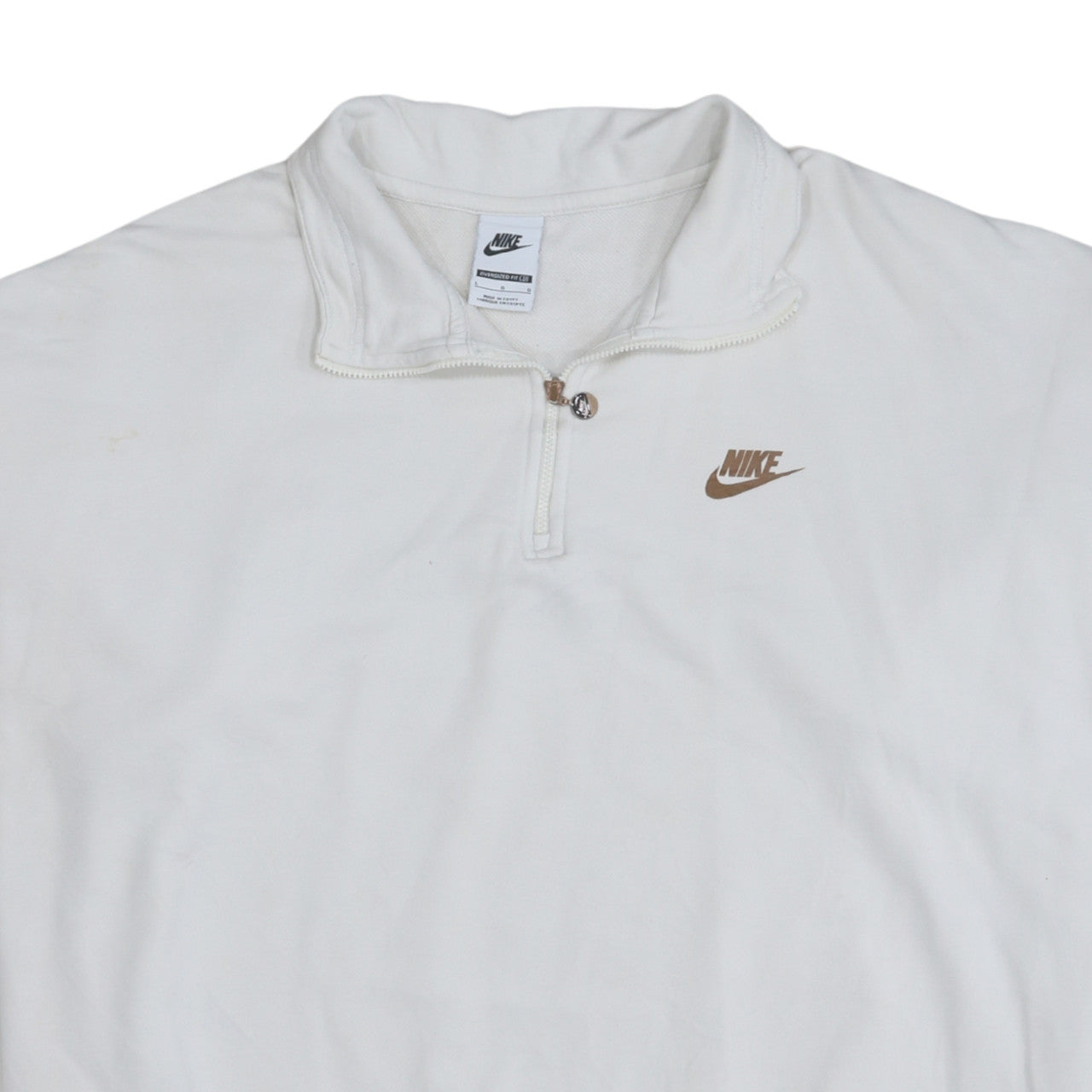 Nike Women White 1/4 Zip Oversized Sweatshirt L Logo Cotton Blend