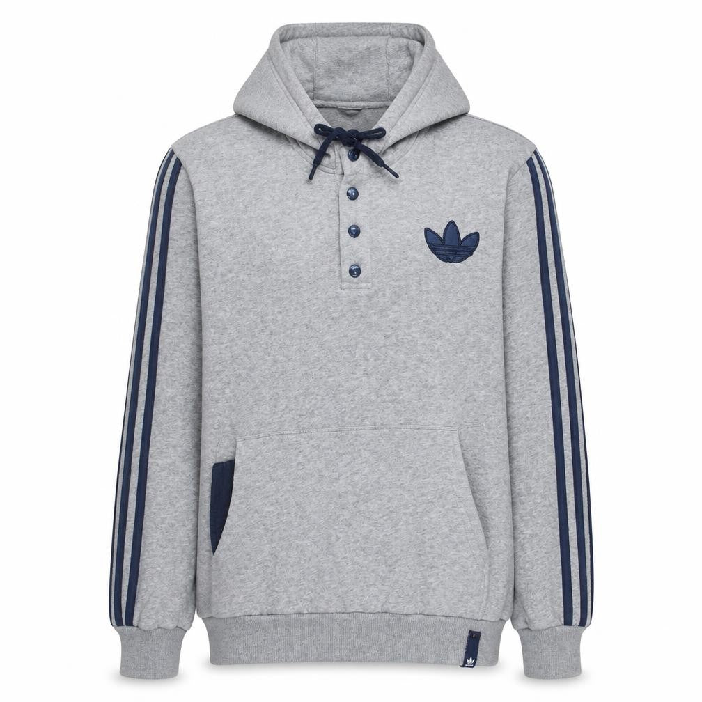 Front view of Adidas men’s grey henley hoodie medium sports hooded sweatshirt