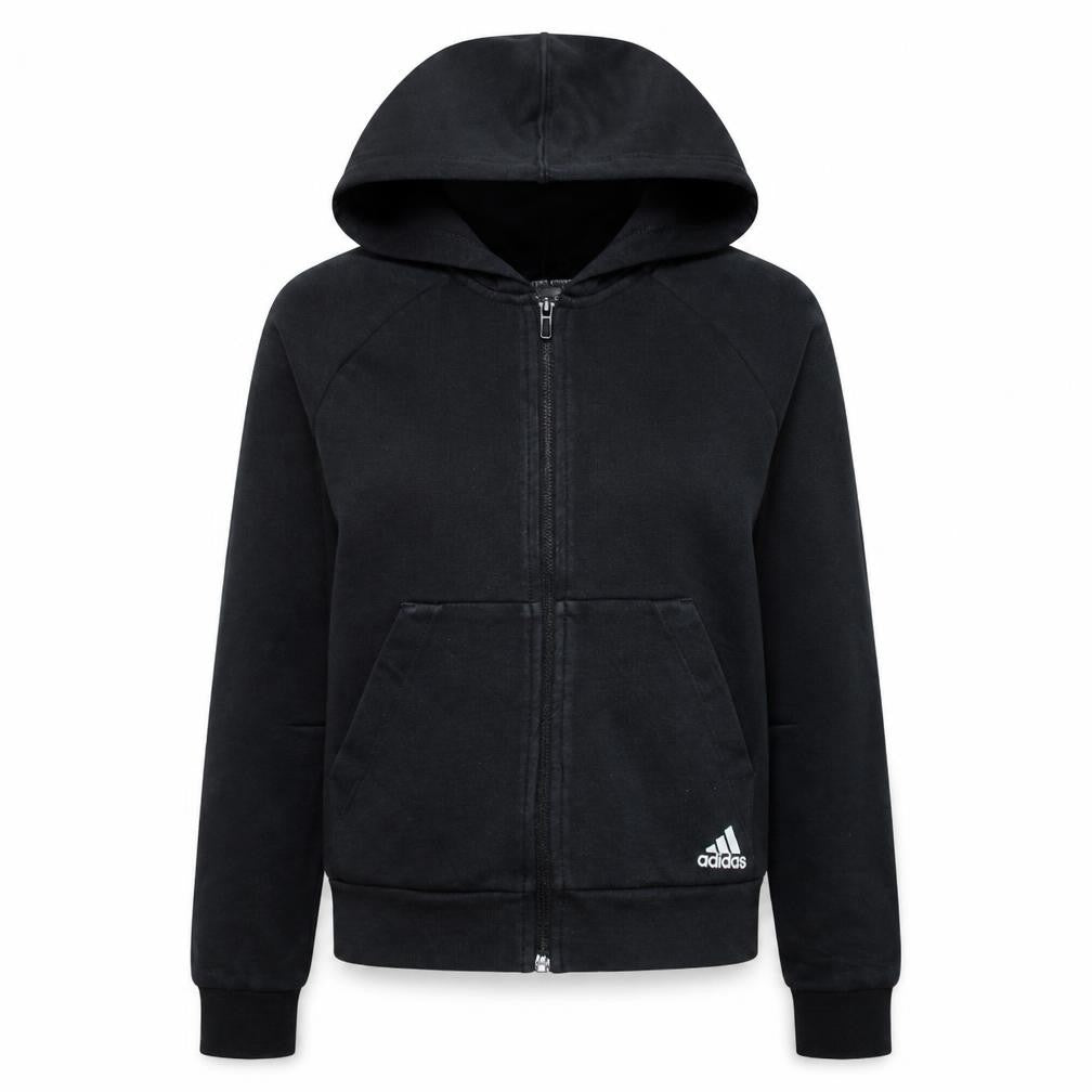 Front view of Adidas women’s black small full zip hoodie sweatshirt with logo