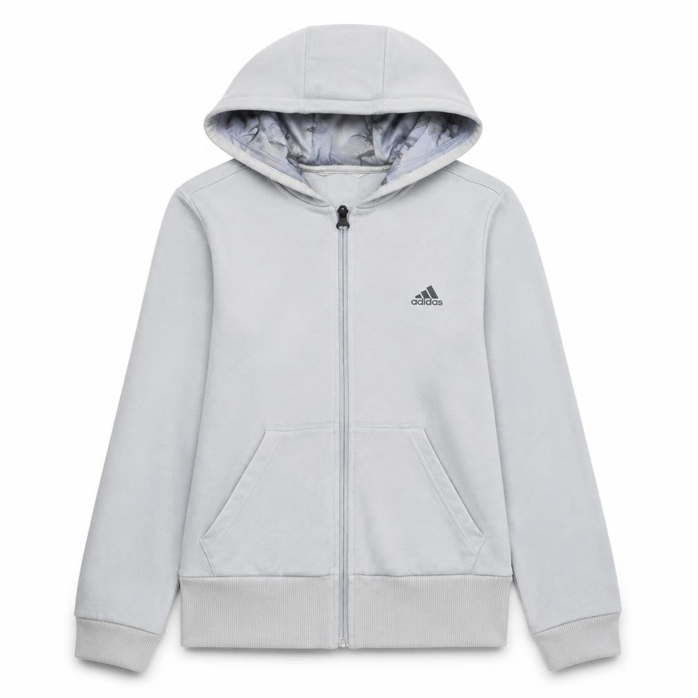 Front view of Adidas girls’ white full zip hoodie m sports casual lightweight