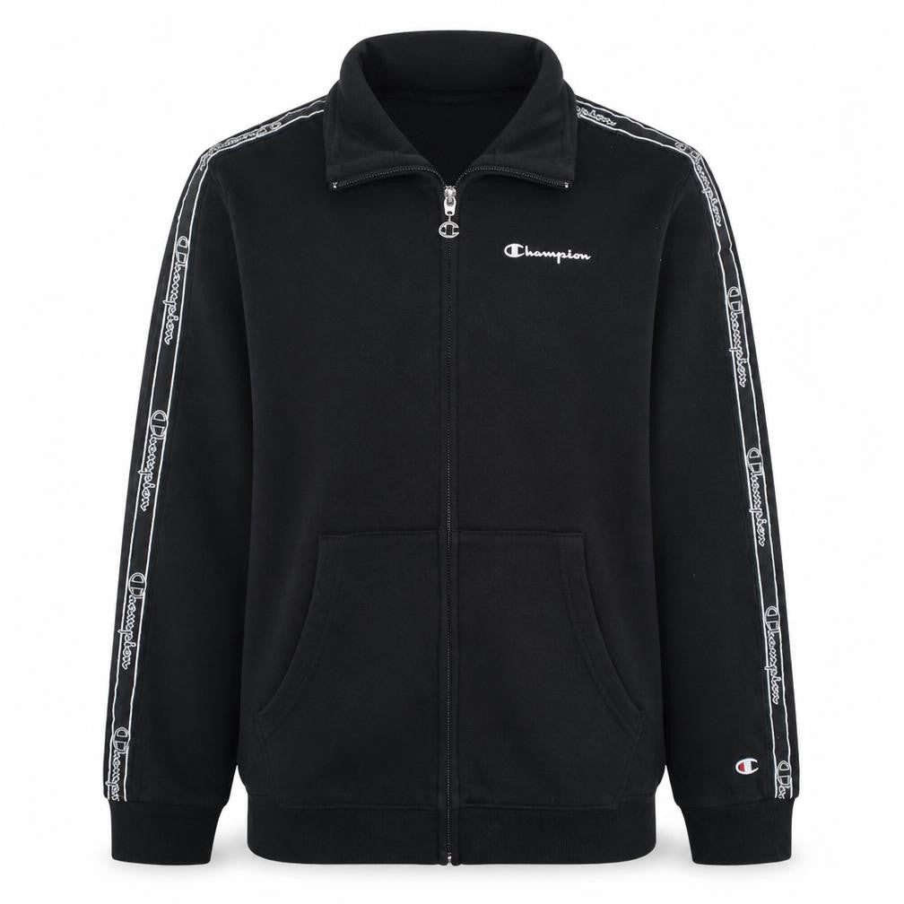 Front view of Champion boys’ black full zip sweatshirt, size 13-14, years logo tape classic